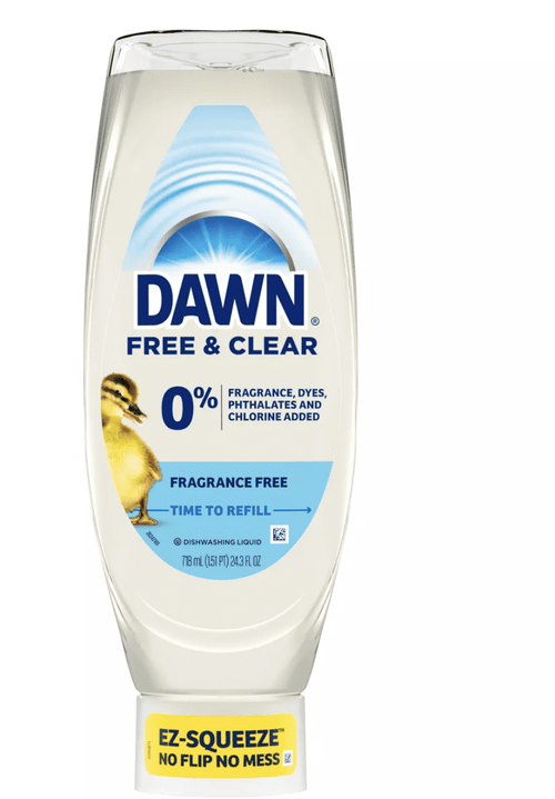 front of dawn free & clear ez-squeeze dishwashing liquid bottle labeled fragrance free, 24.3 fl oz