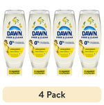 Four upright clear Dawn Free & Clear lemon dish soap bottles with yellow labels shown as a 4-pack on a white background