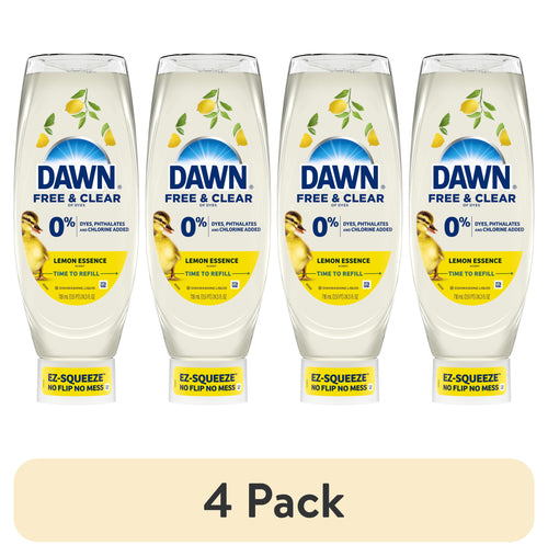 Four upright clear Dawn Free & Clear lemon dish soap bottles with yellow labels shown as a 4-pack on a white background