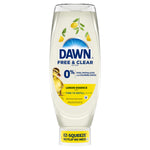 Single upside-down clear Dawn Free & Clear lemon essence EZ-squeeze dish soap bottle with visible label and duckling graphic