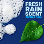 Foamy suds and a green leaf with water droplets beside bold text reading 'Fresh Rain Scent Clean & Cool' on blue background