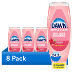 Eight-pack presentation of pink Dawn Gentle Clean bottles with pomegranate imagery and 24.3 fl oz callout