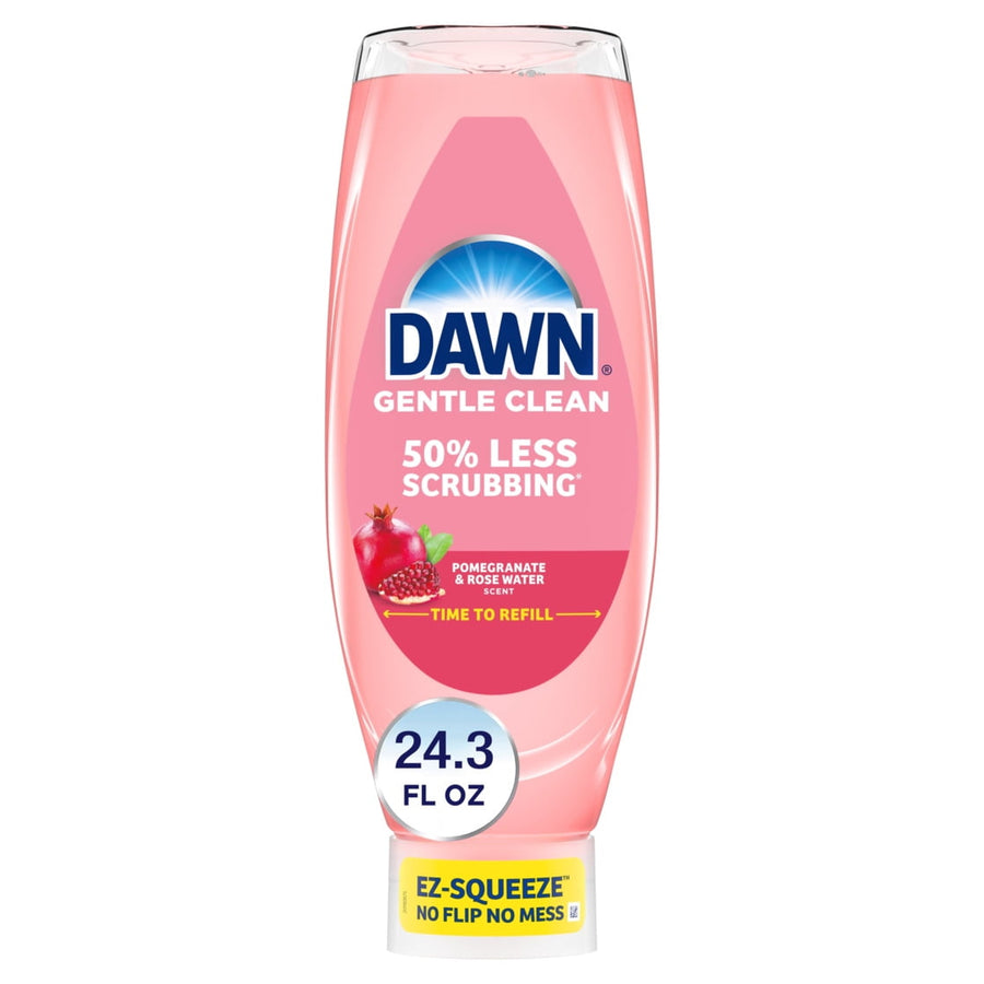 Upside-down pink Dawn Gentle Clean EZ-Squeeze bottle labeled pomegranate & rose water scent with 24.3 fl oz callout