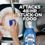Hand scrubbing a greasy plate in a sink with large text claim and a Dawn Platinum bottle graphic in the foreground.