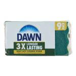 Packaged Dawn heavy-duty scrubber sponges with branding and '3X longer lasting' label, green scouring side visible