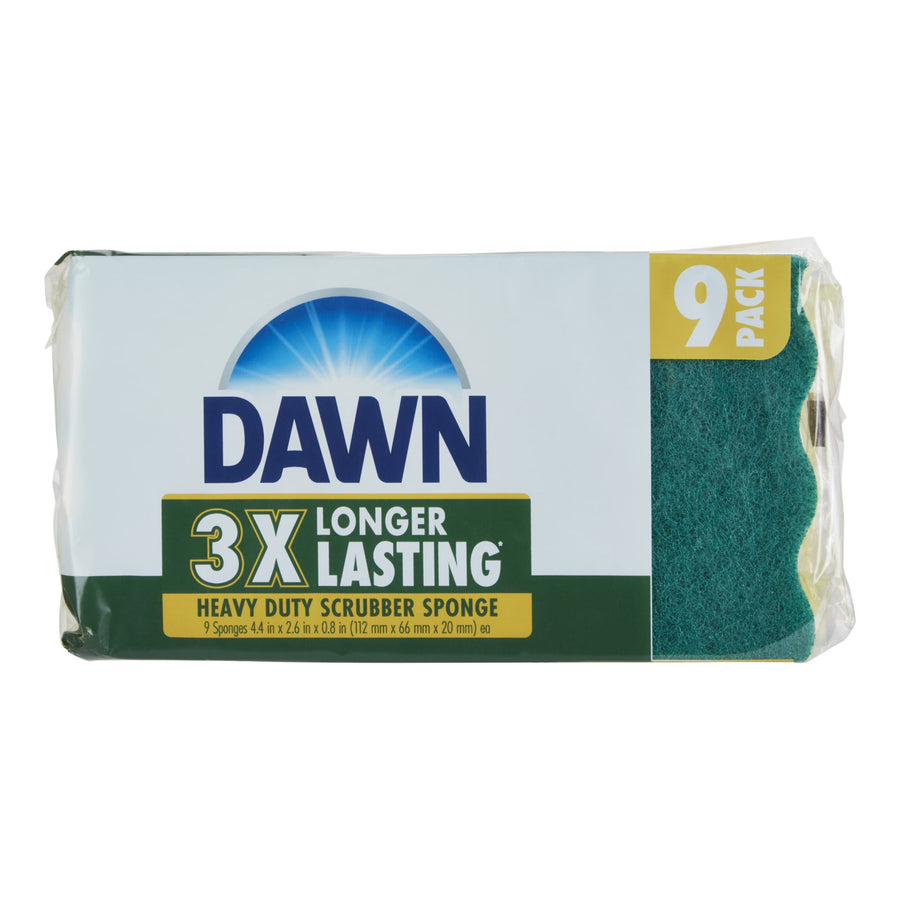 Packaged Dawn heavy-duty scrubber sponges with branding and '3X longer lasting' label, green scouring side visible