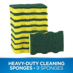 Stack of green-and-yellow Dawn heavy-duty cleaning sponges with one sponge in front against white background