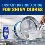 Dish rack with shiny pans and a Dawn Platinum Plus bottle at the sink, headline about instant drying action