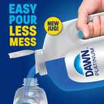 Graphic of a Dawn Platinum jug pouring liquid into a smaller bottle with text ‘Easy pour less mess’ and ‘New jug’ badge