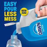 Hand pouring blue Dawn liquid from a jug into a bottle with 'easy pour less mess' promotional text