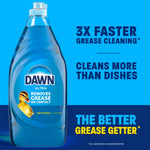 Large blue Dawn bottle beside text claims about faster grease cleaning and 'The Better Grease Getter' on blue background