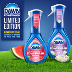 Promotional image showing two limited edition Dawn Powerwash bottles (watermelon and crisp lilac) with watermelon and flowers.
