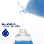 Blue Dawn liquid being poured from one bottle into another with 'Save plastic by refilling your bottle' message and refill icon