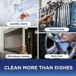 Four-panel lifestyle collage showing laundry stains, greasy tools, microwave messes and a person washing a tire with sponge