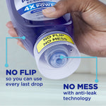 Close-up of hand holding an upside-down Dawn Platinum bottle showing the EZ-Squeeze cap labeled ‘No flip no mess’