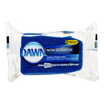 Clear-packaged Dawn non-scratch scrubber sponges with blue label and visible wedge-shaped sponge