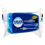 Packaged Dawn non-scratch scrubber sponges shown at a slight angle with blue branding and 2 pack callout