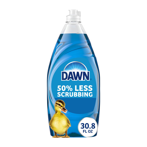 Clear plastic bottle of Dawn original blue dishwashing liquid with duckling graphic and '50% less scrubbing' badge