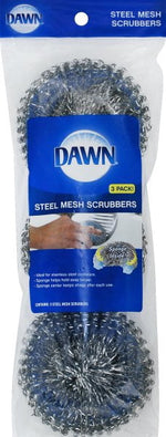 Close-up of packaged Dawn steel mesh scrubbers showing blue label, Dawn logo and two visible scrubbers