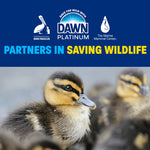 Dawn Platinum logo and wildlife partner icons above a close-up of a fluffy duckling, promoting wildlife support