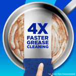 Top-down view of a pan being wiped with a blue scrubbing pad and text reading 4X Faster Grease Cleaning