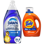 Bottle of Dawn Platinum Fresh Rain dish soap next to a Tide Original liquid laundry detergent bottle on a white background