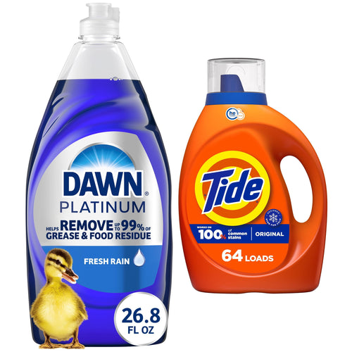 Bottle of Dawn Platinum Fresh Rain dish soap next to a Tide Original liquid laundry detergent bottle on a white background