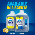 Two Dawn Platinum refill jugs side by side labeled Clean Lemon and Fresh Rain with lemons shown for the lemon scent