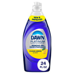 Clear plastic bottle of Dawn Platinum dish soap with yellow lemon label and 24 fl oz badge
