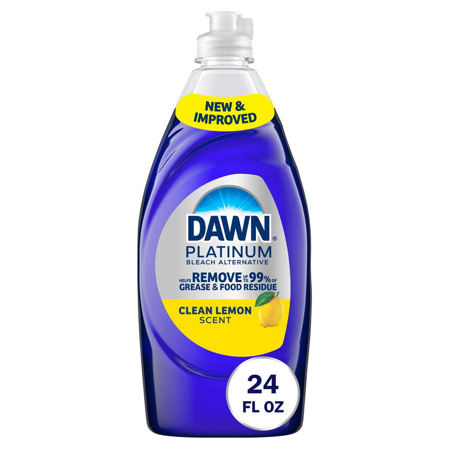 Clear plastic bottle of Dawn Platinum dish soap with yellow lemon label and 24 fl oz badge