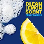 Sliced lemon and foamy soap bubbles with text promoting clean lemon scent