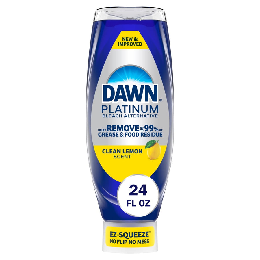 Upright Dawn Platinum squeeze bottle with blue liquid and yellow clean lemon label, EZ-squeeze cap visible