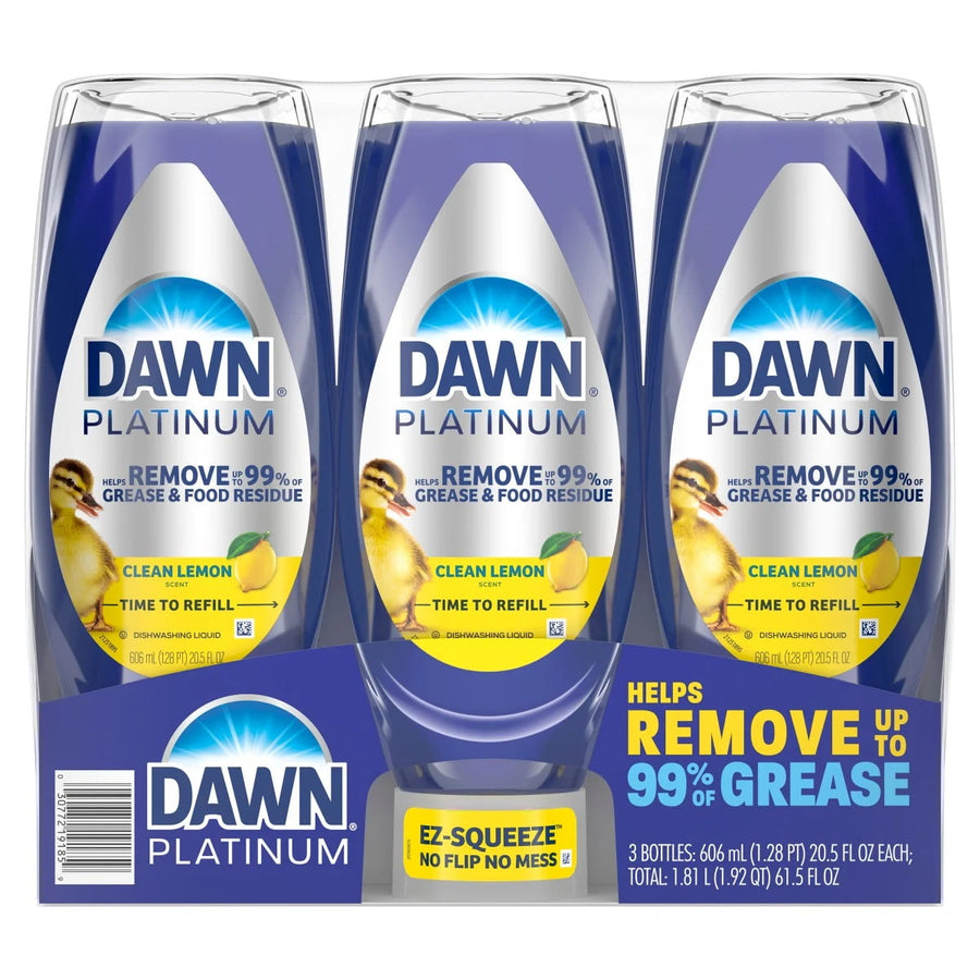 Three-pack of Dawn Platinum Clean Lemon dish soap in retail tray with branding visible