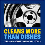 Close-up photo of a shiny chrome wheel above bold text stating cleans more than dishes and listing other uses