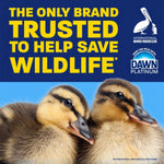 Promotional image with two ducklings below bold yellow text about helping save wildlife and the Dawn Platinum logo at right