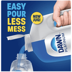 Pouring blue Dawn Platinum liquid from a new jug into a smaller bottle with text promoting easy pour and new jug