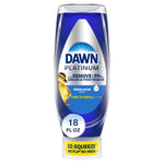 Upside-down Dawn Platinum EZ-Squeeze bottle with Fresh Rain label and 18 fl oz callout on white background