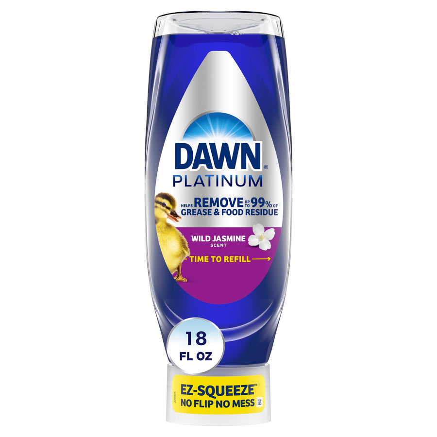 Upside-down Dawn Platinum EZ-Squeeze bottle with Wild Jasmine label, 18 fl oz callout and yellow EZ-Squeeze cap