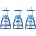 Three blue Dawn Platinum Foam hand dishwashing pump bottles with white pump tops on white