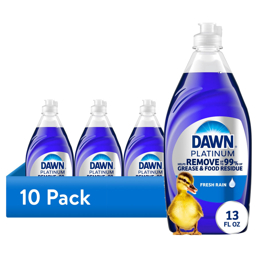 Packaged grouping of Dawn Platinum Fresh Rain bottles with a prominent 13 fl oz bottle and '10 Pack' banner