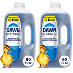 Two translucent blue Dawn Platinum dish soap jugs with Fresh Rain label and duckling graphic, front view