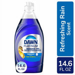 Clear plastic bottle of Dawn Platinum Fresh Rain dish soap with blue liquid and visible product label and volume badge