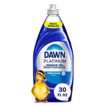 Front-facing Dawn Platinum dish soap bottle in blue with a duckling and 30 fl oz badge