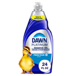 Single bottle of Dawn Platinum Fresh Rain dish soap with duckling graphic and clear flip-top cap on white background.