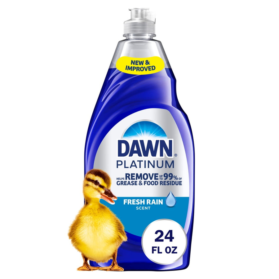 Single bottle of Dawn Platinum Fresh Rain dish soap with duckling graphic and clear flip-top cap on white background.