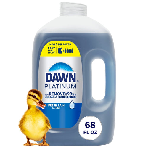 Dawn Platinum refill jug in blue liquid with duckling graphic and visible 68 fl oz label on front