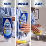 Three-panel lifestyle sequence showing grabbing a Dawn Platinum bottle, squeezing it onto a sponge, then cleaning a dish