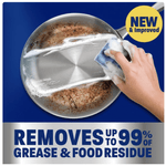 Hand scrubbing a greasy stainless steel pan showing a foamy cleaned path and text about removing grease and food residue