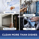 Four-panel lifestyle collage showing laundry stain, greasy tools, microwave handle and a sponge cleaning a tire with caption Clean More Than Dishes