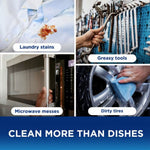 Four-photo collage showing laundry stain, greasy tools, microwave mess, and a tire being cleaned, with caption ‘CLEAN MORE THAN DISHES’